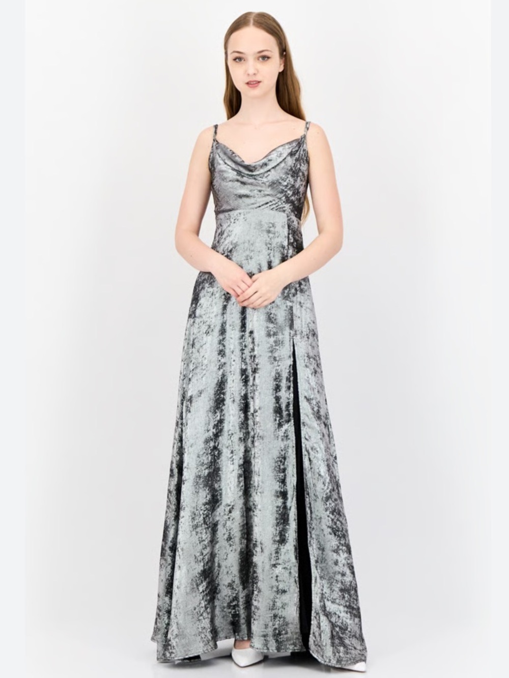 Lulu's Silver Metallic Velvet Maxi Dress with Cowl Neck
